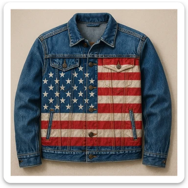 denim jacket with a large American flag painted on it, detailed denim texture and vivid stars and stripes pattern sticker