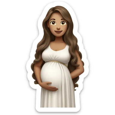 A pregnant woman with long brown hair, wearing a white flowing dress sticker
