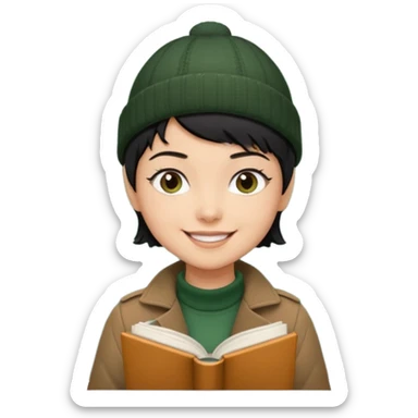 tan skin, non binary man with pixie cut black hair, wearing brown jacket and dark green beanie, smiling , holding up  book  sticker