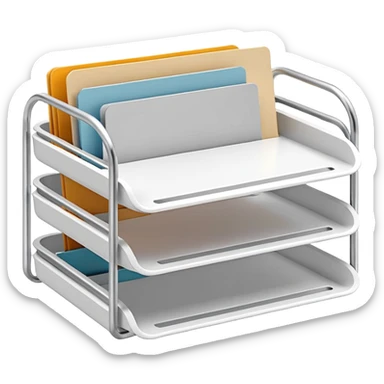 A minimal, clean emoji-style illustration of a white metal desk paper organizer tray, shown in slight isometric view so its structure is readable at a small scale. The organizer is rectangular with rounded corners, made of thin white metal wires, forming two to three stacked horizontal slots.
 sticker
