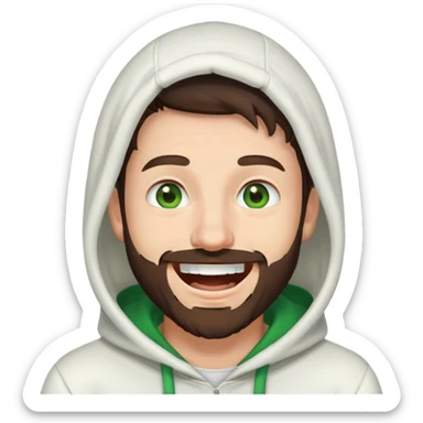 laughing guy with white hoodie, green eyes, dark brown hair and a short full beard sticker