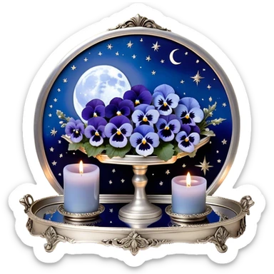 An enchanting nighttime scene where rich blue pansies bloom in a mystical landscape, their petals appearing almost luminous under the soft radiance of a silver crescent moon. A pearl-colored candle, embellished with intricate celestial symbols, sits atop an antique mirror tray, reflecting its warm glow. Wisps of silver mist curl around the flowers, and tiny glowing stars seem to hover just above the ground, adding to the dreamlike atmosphere. In the distance, a faint silhouette of a gothic archway frames the moon, enhancing the scene’s otherworldly beauty. sticker