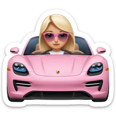 pink Porsche taycan with blonde girl, blue eyes, sitting in the car, front view point of view sticker