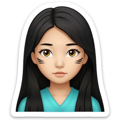 a tan chinese-american 15 year old girl with middle part long straight black hair down to her chest. mascara  sticker