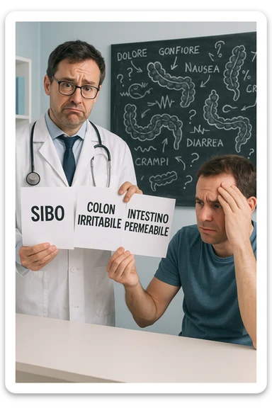 Scena clinica con un medico confuso in camice bianco davanti a un paziente seduto. Il medico ha tre fogli in mano, e li mostra uno alla volta con espressione incerta: il primo dice 'SIBO', il secondo 'Colon Irritabile', il terzo 'Intestino Permeabile'. Il paziente ha un’espressione confusa e scoraggiata, con una mano sulla fronte. Sullo sfondo una lavagna caotica con disegni di intestino e sintomi ovunque. Stile realistico con tocchi ironici, toni freddi da ambulatorio ma con un messaggio visivo forte di incertezza diagnostica. in italiano sticker