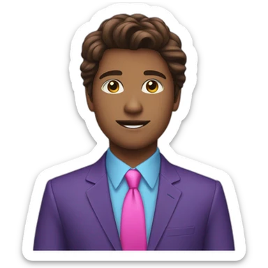 Brown long haired teen guy in purple suit blue shirt and pink tie sticker