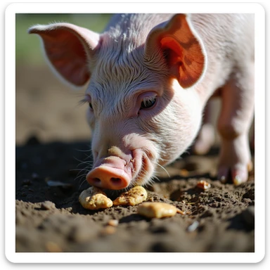 close-up of a pig sniffing and eating food leftovers and feces in the mud, natural light, farm environment, 4K quality sticker