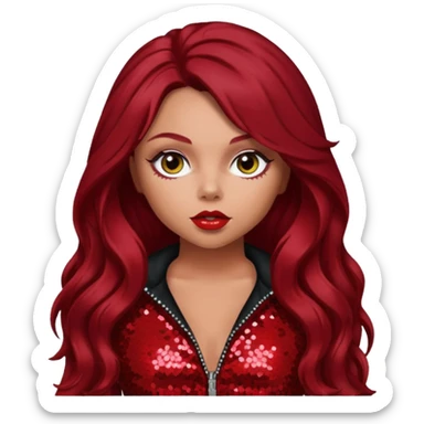 Jesy Nelson from Little Mix with long dark red hair, red sequin outfit sticker