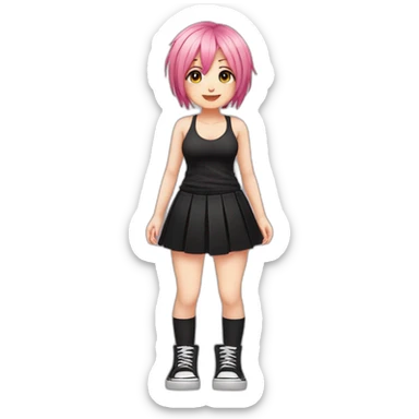Full body Front view curvy emo girl pink hair sits on the floor straight view hands up black skirt белые трусики sticker