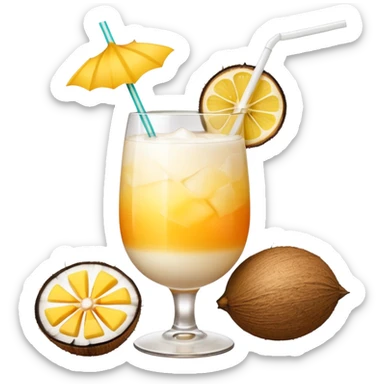 A beautiful cocktail with a creamy white to orange gradient, containing coconut juice and mango, reminiscent of summer. Above, there are tropical flowers, lemon slices, and straws. sticker