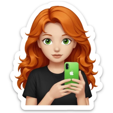 Girl with dark long orange wavy hair, green eyes, and black t-shirt with iphone tiktok on hand sticker