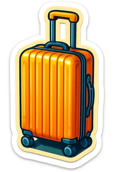 retro sticker-style illustration of a ribbed rolling suitcase with an extended handle, bold outlines, juicy colors, expressive shadows and highlights, playful and glossy look, visible vertical ribs, fun and inviting retro sticker style sticker