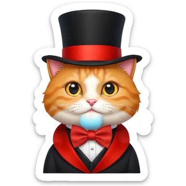 Cute emoji-style orange tabby cat wearing a black top hat with a red band and a red bow tie, big round eyes, fluffy fur, clean mascot style, centered, transparent background, 1:1 ratio. sticker