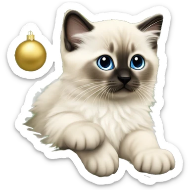 Seal colorpoint ragdoll kitten with dark nose climbing a Christmas tree sticker