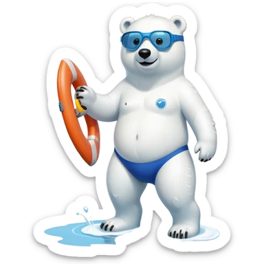 full body friendly anthropomorphised polar bear wearing swim suit with board shorts below the knee and scuba goggles, holding a life buoy, standing in a puddle sticker