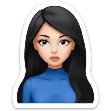 Glamours, tanned, very beautiful girl, with big pump peach-beige-rose lips, eyeliner, long long lashes, black straight smooth silky long hair, straight parting hair, blue-grey eyes, in totally black bodysuit  sticker