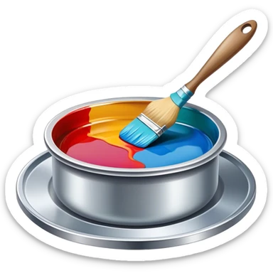 Enamel on metal icon, metal surface with vibrant enamel paint being applied, visible fine paintbrush, enamel pots, metal object like a plate or decorative piece, no finished artwork, just the process of applying enamel, shiny metallic finish with colorful enamel, minimalistic style, clean lines, transparent background. sticker