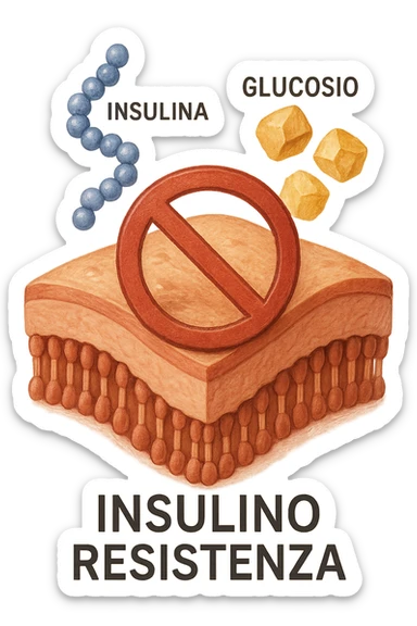 Create a realistic and symbolic icon representing insulin resistance with no background and a 2:3 aspect ratio. Include the Italian text 'Insulino Resistenza' in a clean and clear style. The symbol should depict insulin, glucose, and a cell showing resistance to entry, with a realistic and clear style. sticker