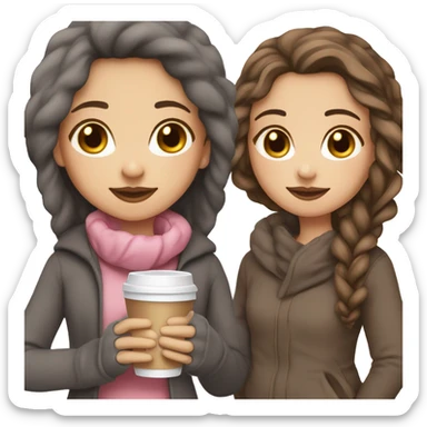 Girl with brown hair with dark gray highlights, fair skin, long beautiful hair, soft pink lips, brown eyes, drinking coffee and wearing winter clothes eting cake , white girl sticker