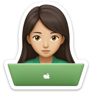 Long hair asian woman working on green laptop with brown eyes sticker