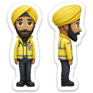 Sikh man with beard wearing black turban and yellow paramedic jacket sticker