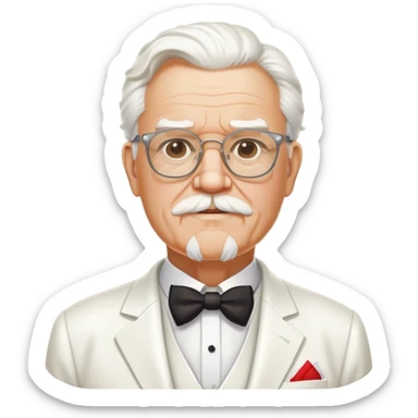 Colonel Sanders, old white man with square glasses, white goatee beard, white suit, KFC founder sticker