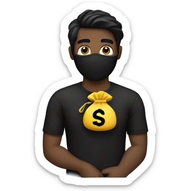 Man with a black mask lined shirt and a money bag on his shoulder sticker