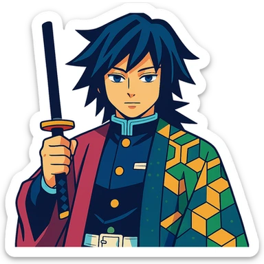 Giyu Tomioka from Demon Slayer, vibrant anime style, half-patterned haori, calm expression, blue and green color scheme sticker
