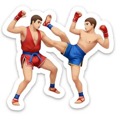 An icon symbolizing Sambo, featuring two fighters in blue and red kimonos with shorts and wrestling shoes. One executes a powerful throw, while the other attempts a defensive grab. The fighters are engaged in a grapple, using joint locks and sweeps.  sticker