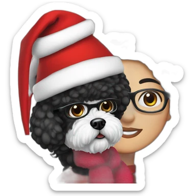 woman-black hair-christmas hat-with glasses-with bichon dog-white-smile sticker