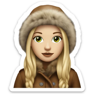Realistic White girl with Long straight blonde hair, green eyes, tattoos, full body wearing Brown fur coat and fur hat and Brown leather boots sticker