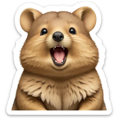 cinematic-realistic  yawning quokka-emoji,-small-round-frame, head tilted in an endearing manner, wouth wide open yawning, sleepy comical smile, round cheeks, giant-fluffy-cheeks-large-smile-fluffy-brown-fur-radiating-a-warm-softness,-big-round-eyes-filled-with-joy, realistic round  fluffy zoomed in, large black eyes one paw raised in the air sticker