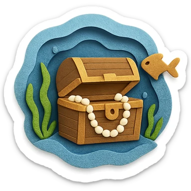 treasure chest underwater with pearls, seaweed, and fish, layered paper effect in paper-craft style sticker