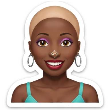 Grown black (proud) woman, bald with a perfect head, a prominent nose with a septum piercing, many piercings on her ears, a gap between her front teeth and very long nails (cynthia erivo) a proud lesbian, with long lashes and glam makeup sticker
