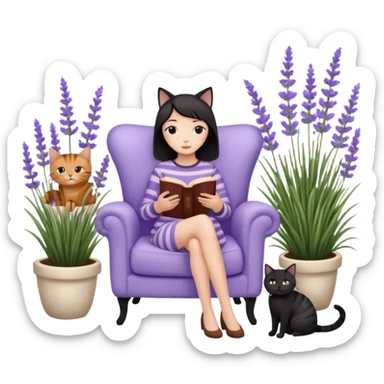 moji illustration, full body woman reading a book on a cozy armchair in a lavender garden, two separate cats next to her (one solid black cat, one brown tabby cat with stripes), small side table with coffee mug, soft peaceful vibe sticker