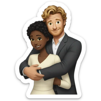 Simon Baker hug a black girl brown eyes and sblack hair in a bun sticker