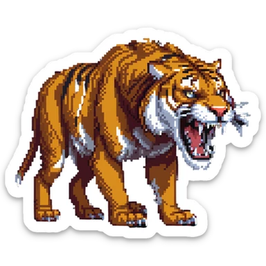 saber-toothed tiger with a miniature body and massive 8-inch-long canine teeth, extremely exaggerated fangs extending far from tiny head sticker