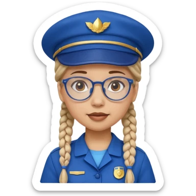 blue uniform wearing scout kid with braids and glassess with blue hat sticker