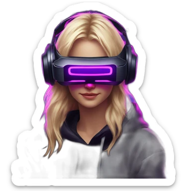 Russian blondy girl celebrating her birthday wearing a black hoodie and VR headset in a cyberpunk VR environment with violet neon lighting sticker