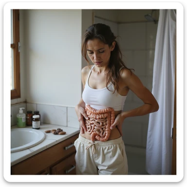 realistic image of a woman in bathroom with symptoms of intestinal dysbiosis, expression of discomfort, clinical details, visible supplements or medications, domestic environment sticker