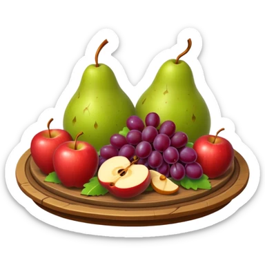 medieval fruit platter object icon, grapes apples pears, rustic plate, small honey drizzle, cozy medieval vibe, 3D cartoon, mobile game icon style, clean background, no text, no watermark
 sticker