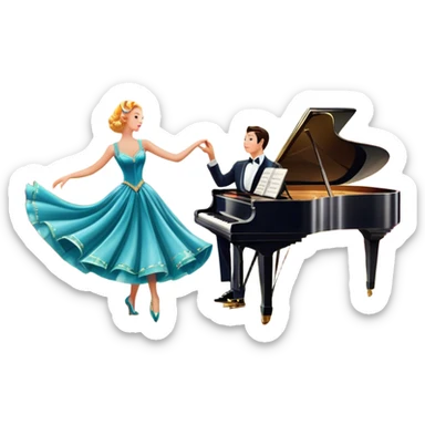 A vintage movie poster-style design featuring musical notes, a shining spotlight, and performers in glamorous costumes. Include elements like a dancing couple, a grand piano, and colorful stage lights. Retro cinematic flair with a lively and joyful atmosphere. Transparent background. sticker