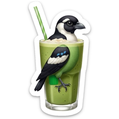 It’s an Australien Magpie sitting on an iced matcha latte on the edge of the glass. It has green matcha on its beak indicating it drank. The iced matxha latte is in a see through glass and white from the oat milk on the bottom and green on top…and there is a straw in the drink and ice cubes sticker