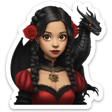 Lavish black evening gown with see-through gloves, Jenna Ortega as Addams woman wearing a steampunk mini tiara, very large blood red evil-looking horned old dragon sticker