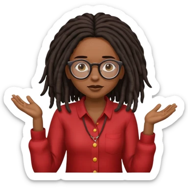 darker skin female with dark dreadlock hair wearing large round glasses shrugging her shoulders sticker