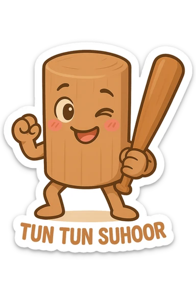 Make the chibi Tun Tun Suhoor wooden stick character look flirty, with winking cartoon eyes, a playful smile, and a blushing expression, in the chibi stickers style, with no background. sticker