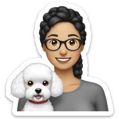 woman-white skin-black hair-bun-with glasses-with bichon dog-white-smile-Christmas sticker