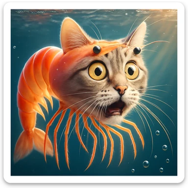 Change the expression of the cat-shrimp creature to surprised, keeping all other details and colors the same, in a style consistent with the original image. sticker