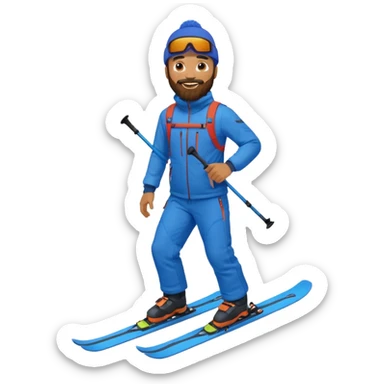 bearded man skiing, blue outfit, smiling. full body view sticker