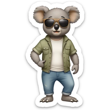anthropomorphised koala in casual clothing, wearing dark sunglasses, walking upright, looking like a tough guy with a different attitude sticker